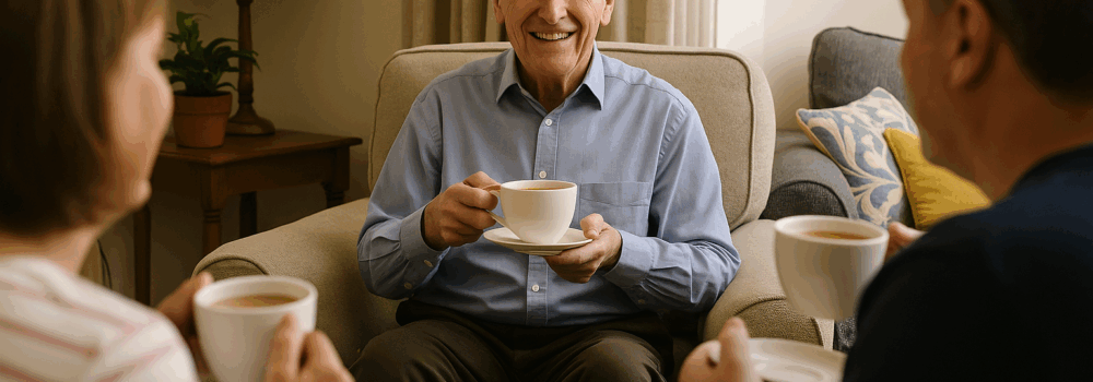 Elderly man in living room drinking a cup of tea with another man and woman