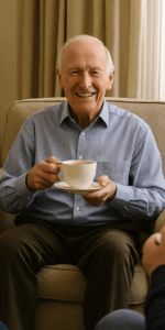 Elderly man in living room drinking a cup of tea with another man and woman