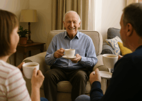 Elderly man in living room drinking a cup of tea with another man and woman