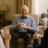 Elderly man in living room drinking a cup of tea with another man and woman