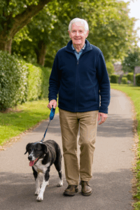 Elderly man out walking his dog in the park