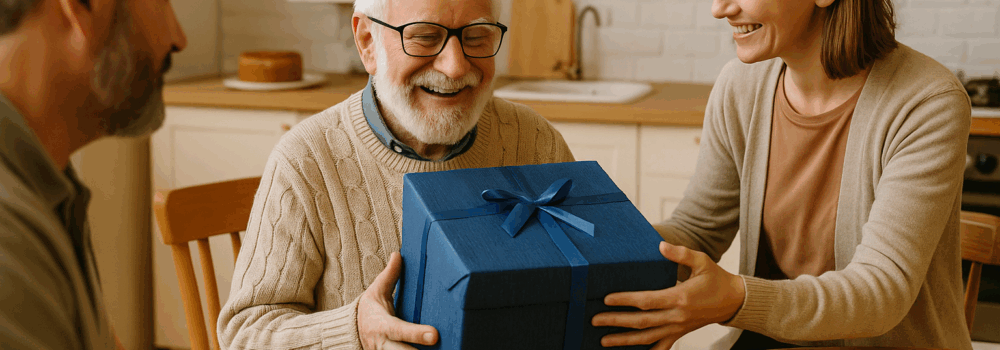 Adult woman giving a gift to an elderly man.
