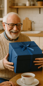 Adult woman giving a gift to an elderly man.