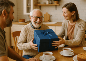 Adult woman giving a gift to an elderly man.