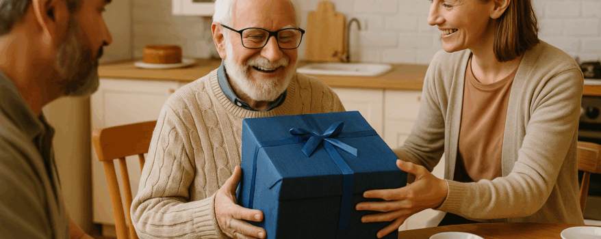 Adult woman giving a gift to an elderly man.