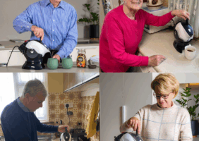 Elderly men and woman using the Uccello Kettle to make tea and coffee
