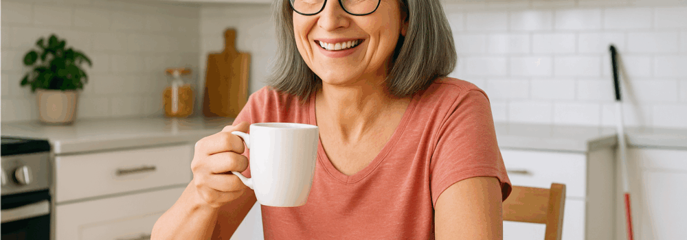 Woman sitting in her kitchen drinking from her cup of tea