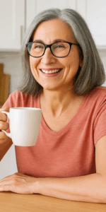 Woman sitting in her kitchen drinking from her cup of tea