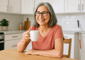 Woman sitting in her kitchen drinking from her cup of tea