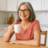 Woman sitting in her kitchen drinking from her cup of tea