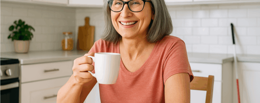 Woman sitting in her kitchen drinking from her cup of tea