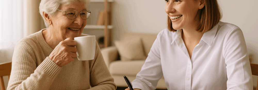 A smiling occupational therapist sits at a bright dining table, holding a clipboard and pen while talking with an elderly woman who is sipping tea. The room is softly lit with natural light, creating a warm and inviting atmosphere.