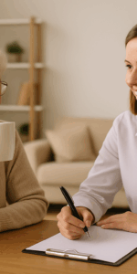 A smiling occupational therapist sits at a bright dining table, holding a clipboard and pen while talking with an elderly woman who is sipping tea. The room is softly lit with natural light, creating a warm and inviting atmosphere.