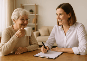 A smiling occupational therapist sits at a bright dining table, holding a clipboard and pen while talking with an elderly woman who is sipping tea. The room is softly lit with natural light, creating a warm and inviting atmosphere.