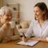 A smiling occupational therapist sits at a bright dining table, holding a clipboard and pen while talking with an elderly woman who is sipping tea. The room is softly lit with natural light, creating a warm and inviting atmosphere.