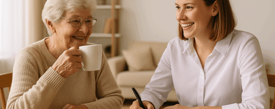 A smiling occupational therapist sits at a bright dining table, holding a clipboard and pen while talking with an elderly woman who is sipping tea. The room is softly lit with natural light, creating a warm and inviting atmosphere.