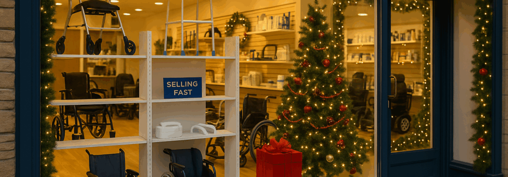 A well-lit UK high street mobility & daily living aids shop with a festive window display. Shelves with some empty gaps or “selling fast” signage. Subtle Christmas décor (tree, garlands, fairy lights).
