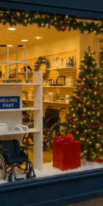 A well-lit UK high street mobility & daily living aids shop with a festive window display. Shelves with some empty gaps or “selling fast” signage. Subtle Christmas décor (tree, garlands, fairy lights).