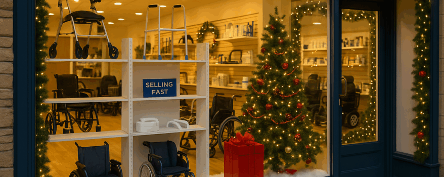 A well-lit UK high street mobility & daily living aids shop with a festive window display. Shelves with some empty gaps or “selling fast” signage. Subtle Christmas décor (tree, garlands, fairy lights).