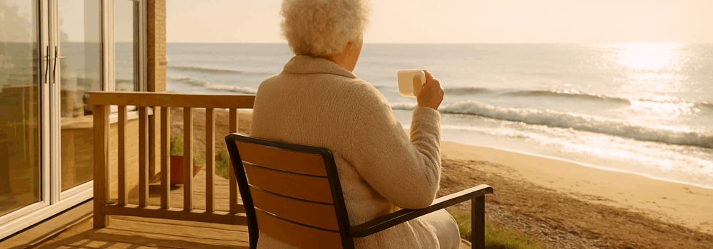 Elderly woman sitting on her decking drinking a cup of tea and looking out at the waves on the beach