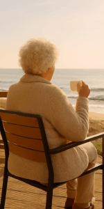 Elderly woman sitting on her decking drinking a cup of tea and looking out at the waves on the beach