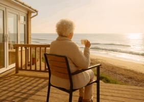 Elderly woman sitting on her decking drinking a cup of tea and looking out at the waves on the beach
