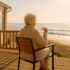 Elderly woman sitting on her decking drinking a cup of tea and looking out at the waves on the beach