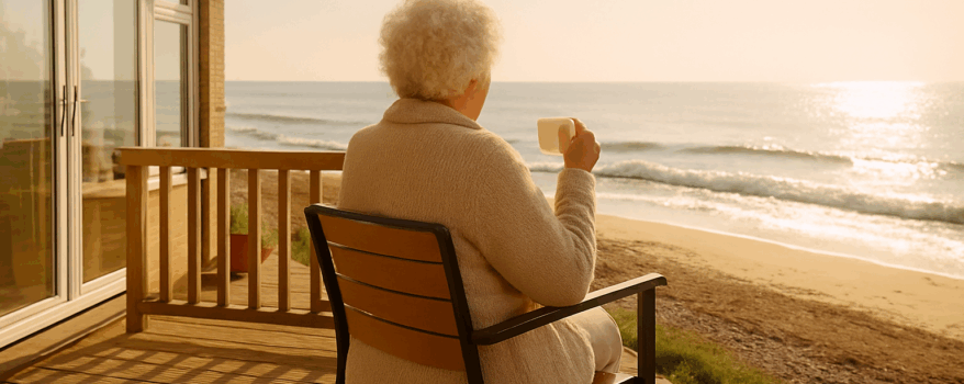 Elderly woman sitting on her decking drinking a cup of tea and looking out at the waves on the beach