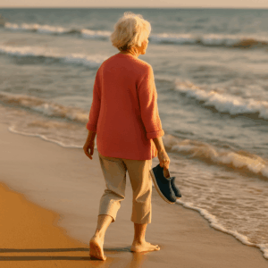 Elderly woman walking along the shore on the beach holding her shoes