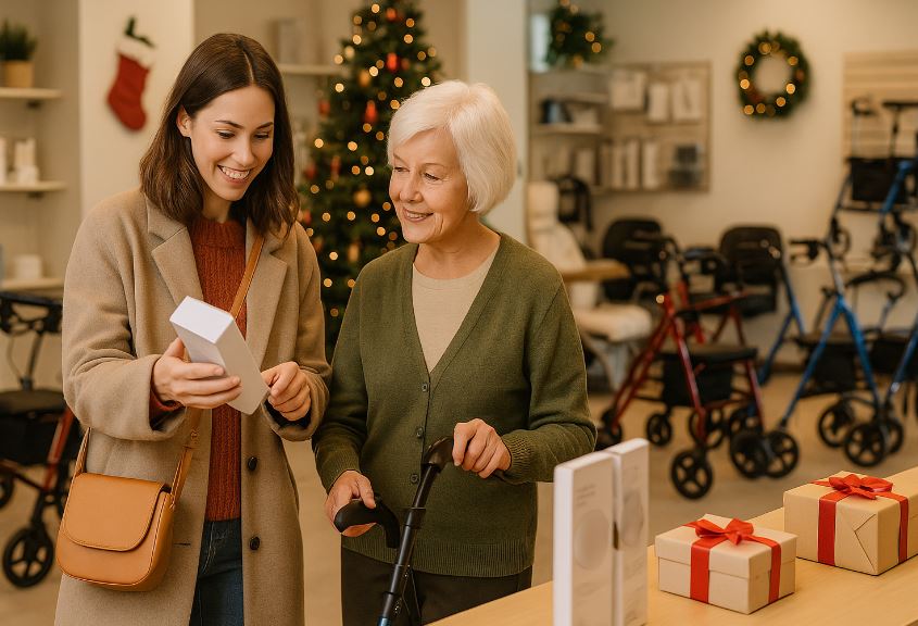 Adult daughter and older mother browsing together, looking at products displayed as gift ideas.