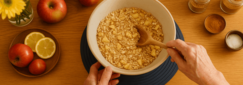 Elderly woman baking in her kitchen - mixing oats with apple while her bowl sits on the Uccello Grip Mat