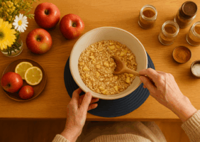 Elderly woman baking in her kitchen - mixing oats with apple while her bowl sits on the Uccello Grip Mat