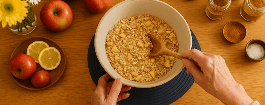 Elderly woman baking in her kitchen - mixing oats with apple while her bowl sits on the Uccello Grip Mat
