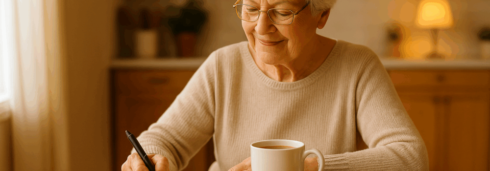 Elderly woman in her kitchen with a cup of tea and writing on a notepad