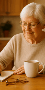 Elderly woman in her kitchen with a cup of tea and writing on a notepad