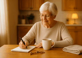 Elderly woman in her kitchen with a cup of tea and writing on a notepad