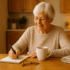 Elderly woman in her kitchen with a cup of tea and writing on a notepad