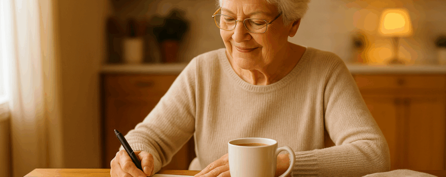 Elderly woman in her kitchen with a cup of tea and writing on a notepad