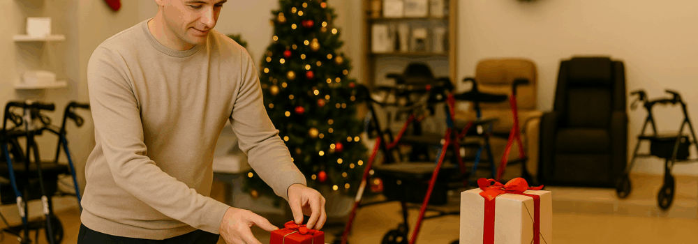 Mobility shop Christmas display with gifts, wheelchairs, walkers and a recliner