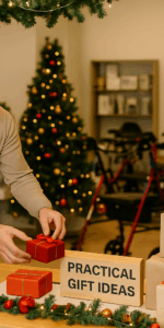 Mobility shop Christmas display with gifts, wheelchairs, walkers and a recliner