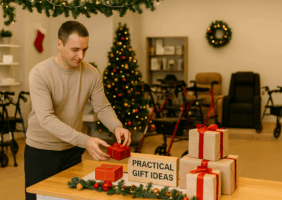 Mobility shop Christmas display with gifts, wheelchairs, walkers and a recliner