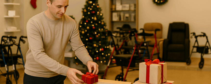 Mobility shop Christmas display with gifts, wheelchairs, walkers and a recliner