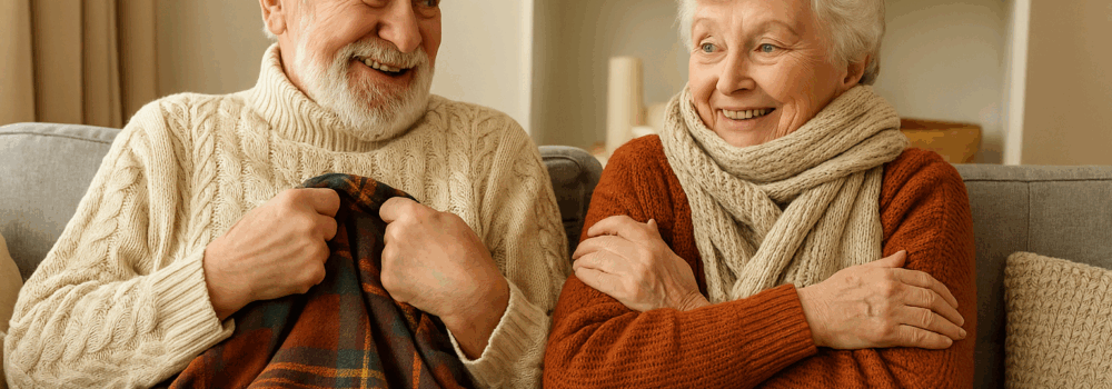 Elderly couple wrapped up on the couch this autumn with blankets, jumpers and scarves