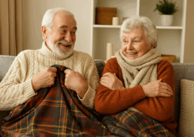 Elderly couple wrapped up on the couch this autumn with blankets, jumpers and scarves