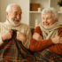 Elderly couple wrapped up on the couch this autumn with blankets, jumpers and scarves