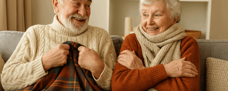 Elderly couple wrapped up on the couch this autumn with blankets, jumpers and scarves