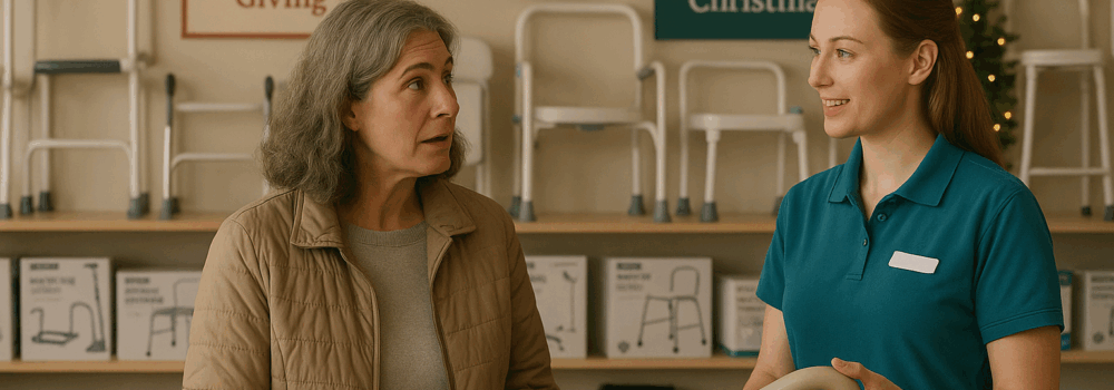 Customer talking to shop assistant in a mobility store at Chrismtas