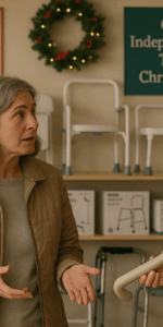 Customer talking to shop assistant in a mobility store at Chrismtas