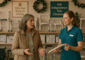 Customer talking to shop assistant in a mobility store at Chrismtas