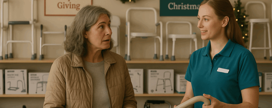 Customer talking to shop assistant in a mobility store at Chrismtas